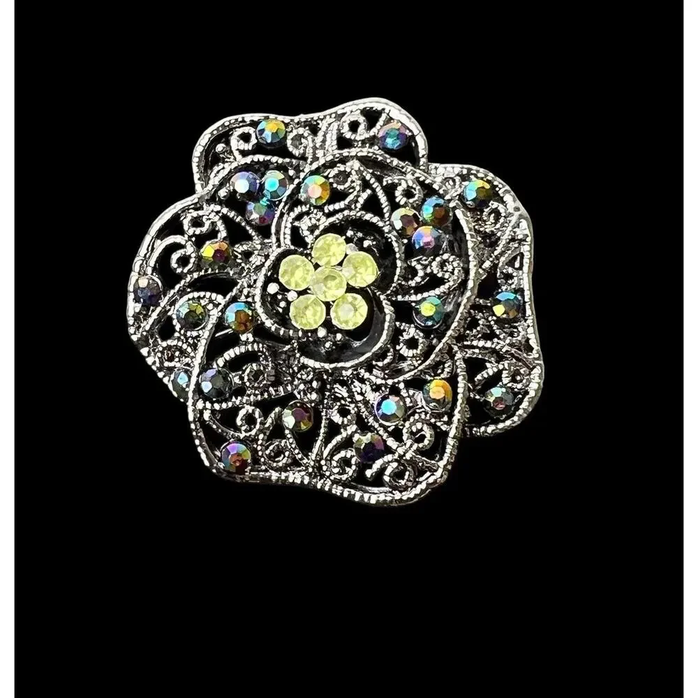 Vintage Green AB Brooch Retro Glam Aurora Borealis Rhinestones Classic Boho Chic